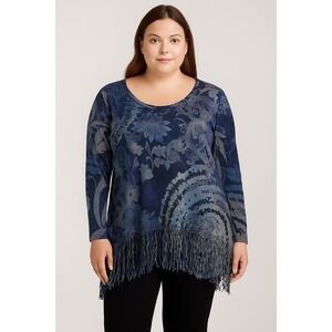 Only Nine NWT XL Blue Floral Print Fringe Hem Tunic Top Long Sleeve Boho Artsy